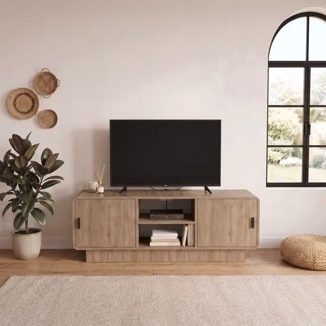 Decortie Rovel Scandinavian Style TV Unit in Brown Wood with Soft Close Drawers and Media Compartments