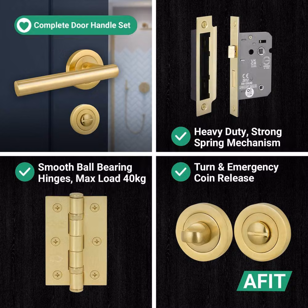 AFIT Satin Brass T-Bar Bathroom Handle, WC Lock and Hinges Set in Gold, W/D/H: 15 x 15 x 1.5 cm – 5
