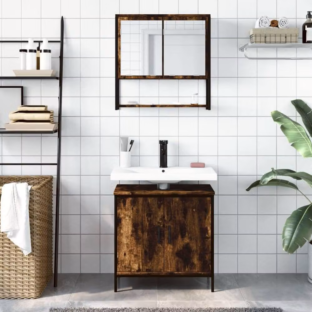 Berkfield Home 2 Piece Industrial Bathroom Furniture Set in Brown Smoked Oak with Mirror Cabinet and Vanity Unit – 2