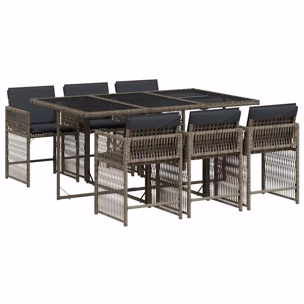 Berkfield Home 7 Piece Grey Poly Rattan Garden Dining Set with Cushions and Glass Tabletop – 2