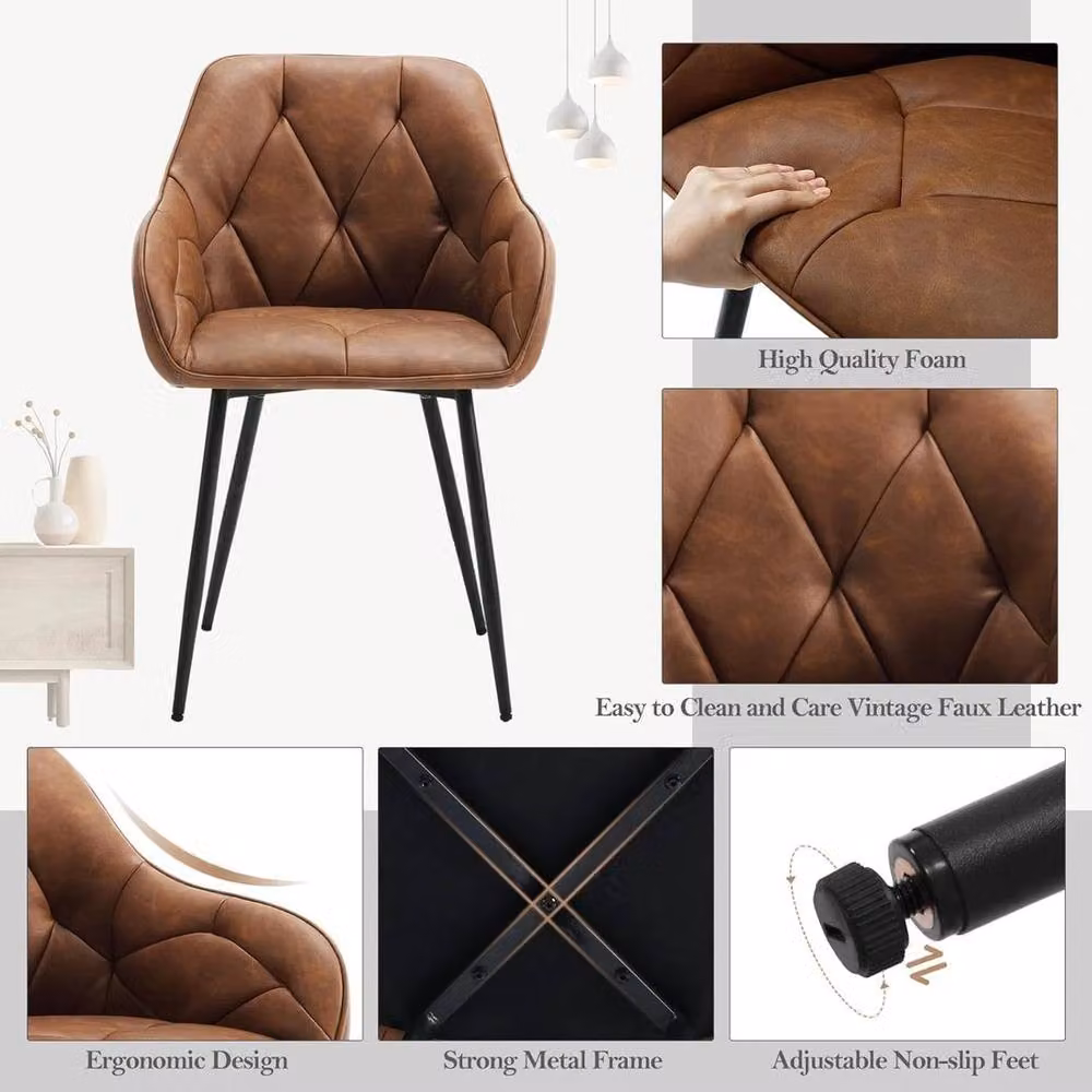 SPETLEK Set of 4 Modern Brown Faux Leather Dining Chairs with Armrests – 4