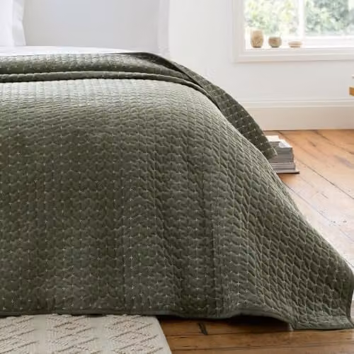 Bianca Attica Green Velvet Embroidered Quilted Bedspread W: 240 cm, D: 260 cm