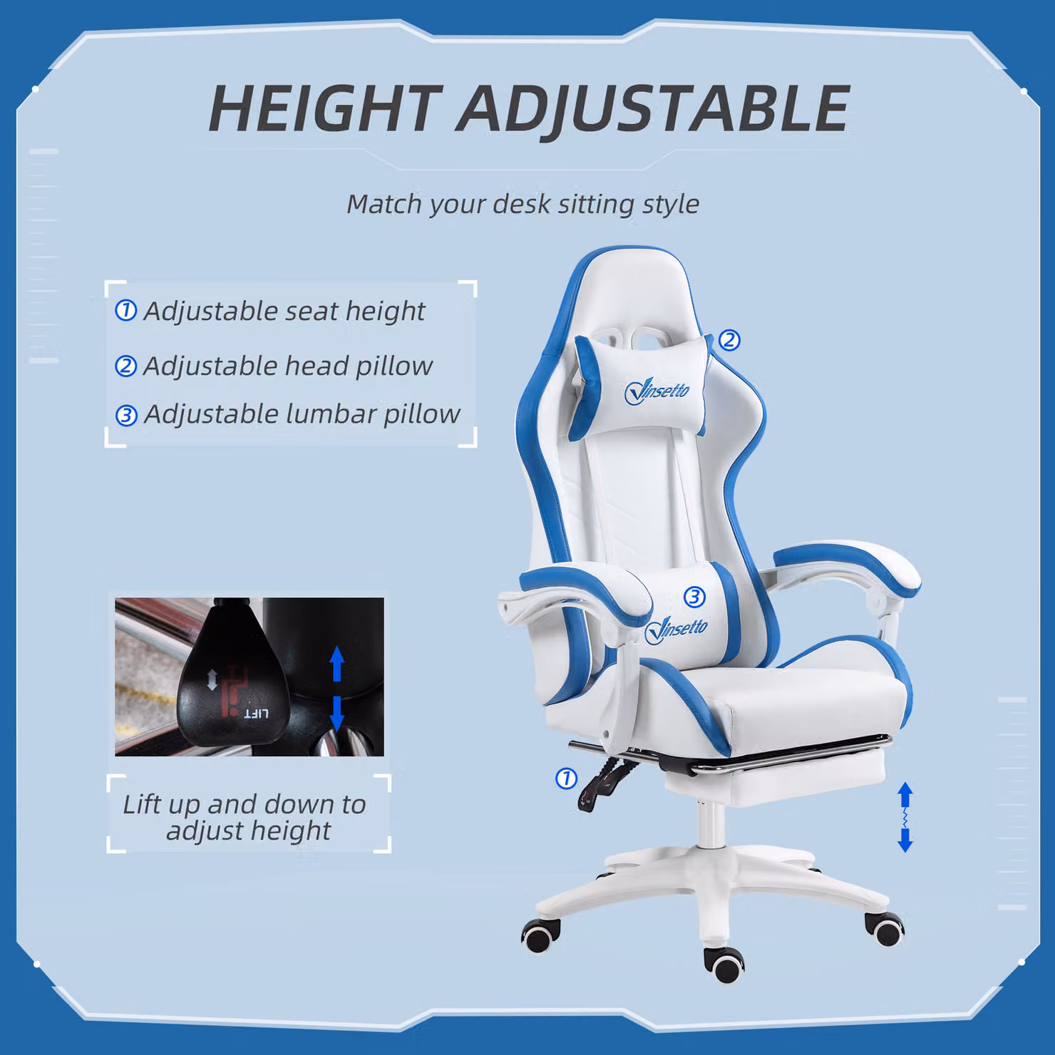 Vinsetto Racing Gaming Chair in White PU Leather with 360 Degree Swivel, Footrest, Removable Headrest and Lumbar Support, W/D/H: 65.0 x 45.5 x 120.0 cm – 3