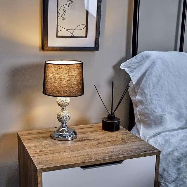 MiniSun Set of 2 Modern Chrome and Mosaic Glass Table Lamps with Black Shades
