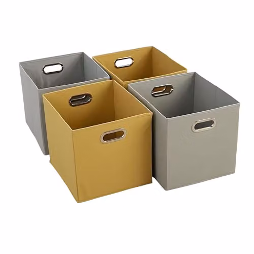 Home Source Pack of 4 Foldable Fabric Cube Storage Boxes in Yellow and Grey, W: 37 cm, D: 33 cm, H: 33 cm – 2