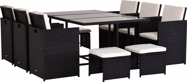 Outsunny 11-Piece Rattan Garden Dining Set with Glass Top Table and Chairs in Black