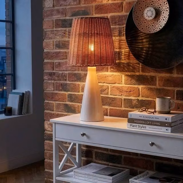 Wyld and Coco White Ceramic Table Lamp with Natural Rattan Shade