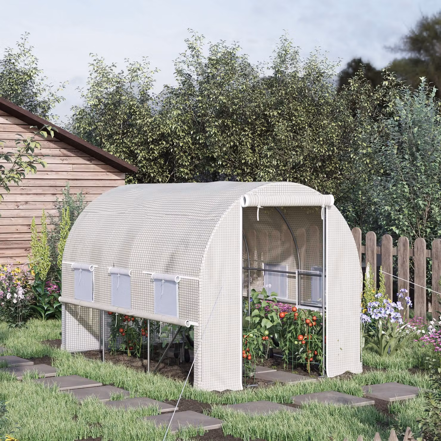 Outsunny White Walk-in Tunnel Greenhouse Polytunnel Tent with PE Cover, Zippered Roll Up Door and 6 Mesh Windows, W: 300 cm, D: 200 cm, H: 200 cm – 2