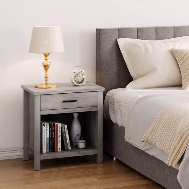 London Boutique Modern Grey Wooden Bedside Table with Drawer and Shelf – 1
