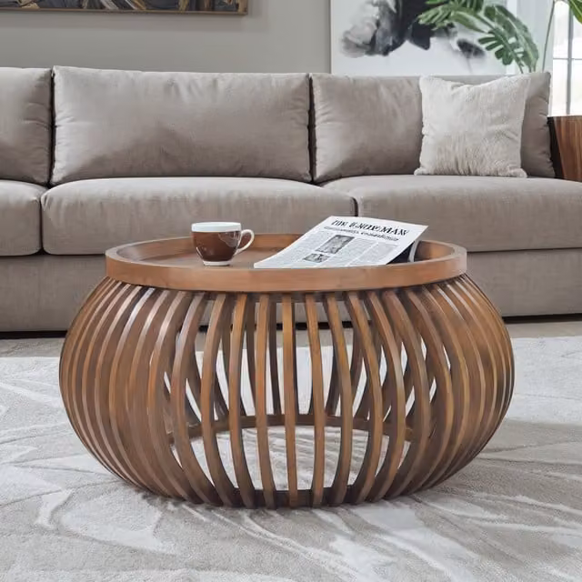 IH Design Jodhpur Mid-Century Solid Wood Small Round Low Coffee Table in Brown