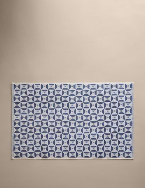 M&S Pure Cotton Geometric Tile Bath Mat in Denim Blue