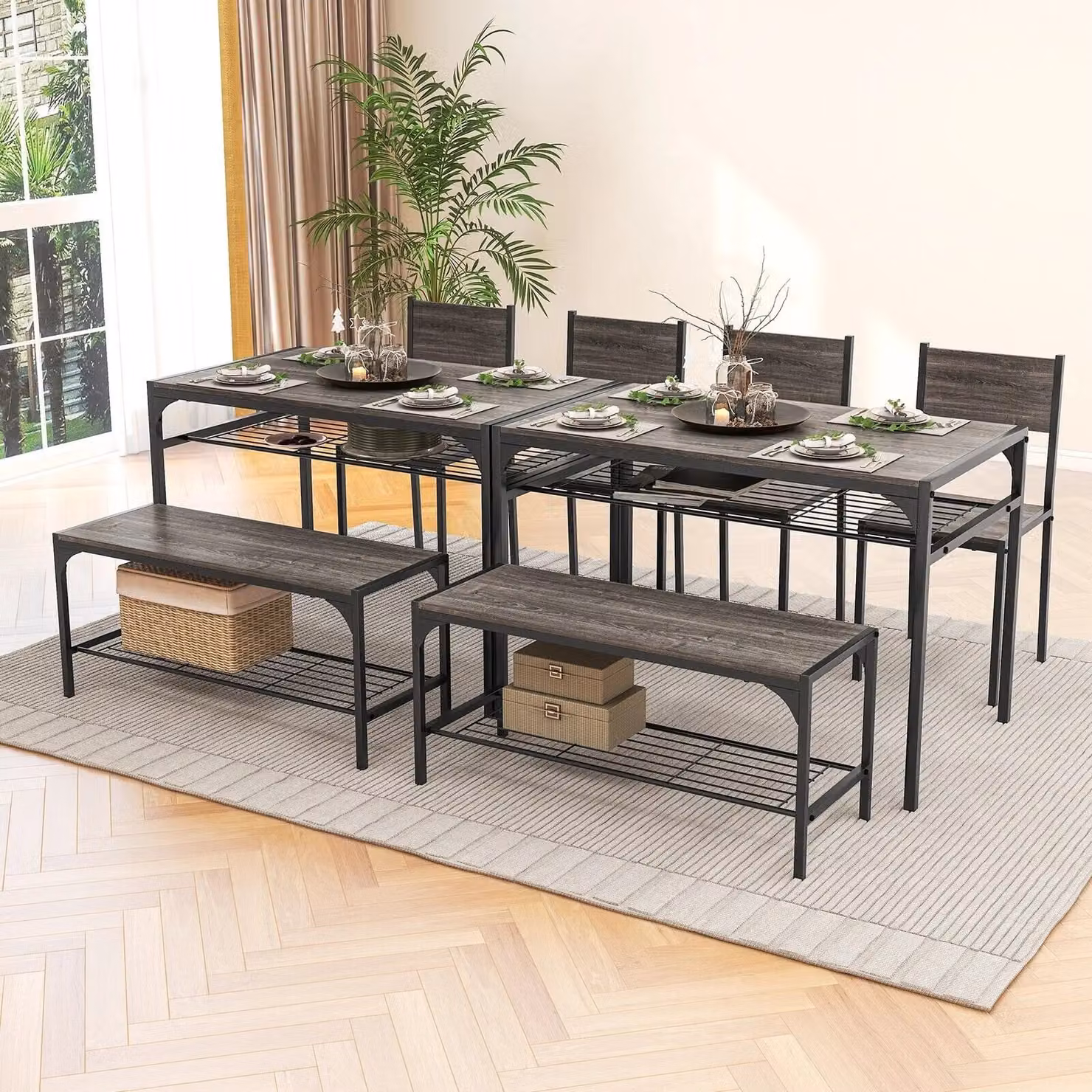 Costway Industrial Rectangular Dining Table Set with Chairs and Bench in Grey – 4