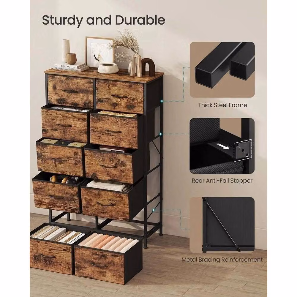 VOGREX Brown 10 Drawer Bedroom Storage Chest with Steel Frame – 2
