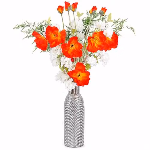 Leaf Design UK 100cm Artificial Poppy and White Blossom Floral Arrangement in a Red Glass Vase – 1