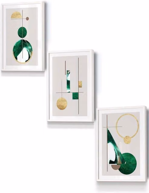 ARTZE Abstract Geometric Textured Wall Art in Green and Gold with White Frame, W: 33 cm, H: 45 cm, D: 0.2 cm