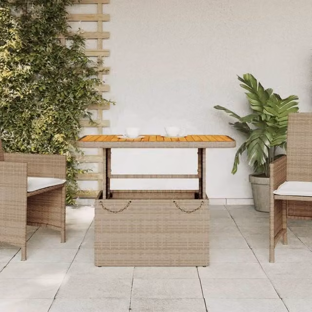 Berkfield Home Beige Poly Rattan and Acacia Wood Rectangular Garden Table W/D/H: 90 x 55 x 71 cm