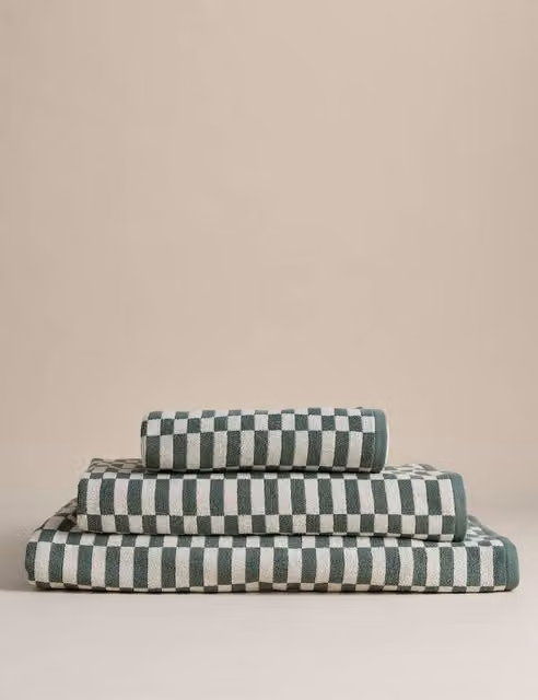 M&S Fluffy Pure Cotton Geometric Checked Towel in Smokey Green