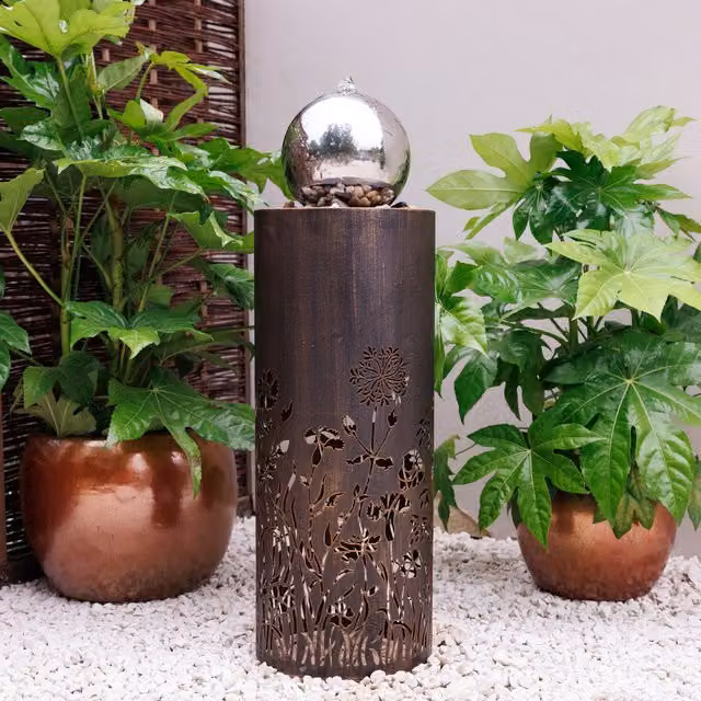 Primrose Black Wildflower Cut Out Design Round Garden Water Column with LED Lights