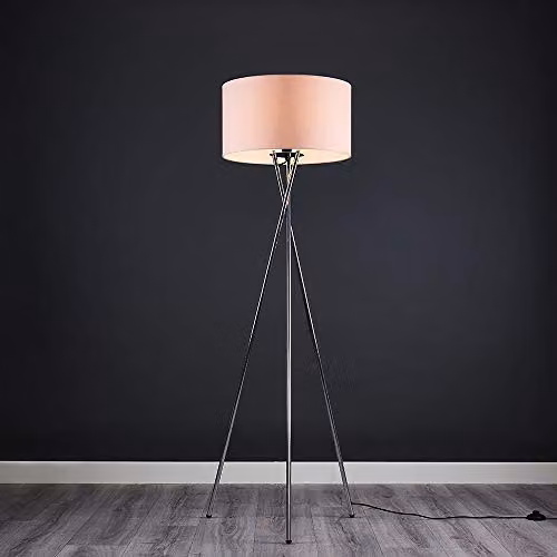 ValueLights Camden Modern Polished Chrome Metal Tripod Floor Lamp with Pink Fabric Cylinder Shade, H 154 x W 57 x D 57 cm – 4