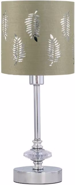 First Choice Lighting Chrome Jewelled Table Lamp with Sage Green Fabric Cylinder Shade – 1