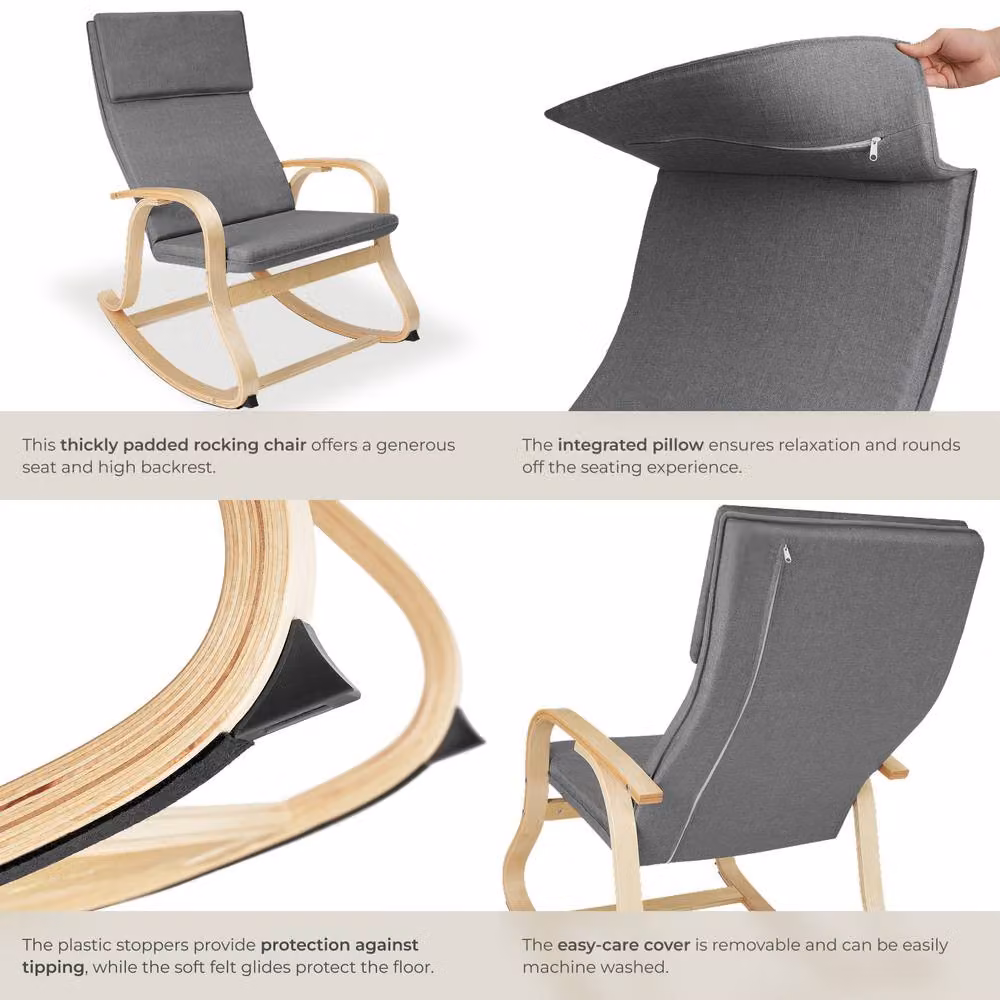 tectake Roca Rocking Chair with Armrests in Light Grey – 4