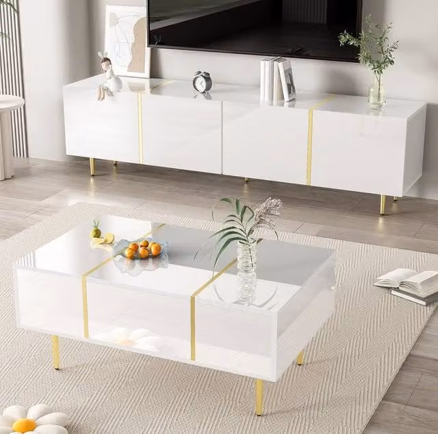 STILVORA Modern White and Gold High-Gloss TV Cabinet and Coffee Table Set – 1