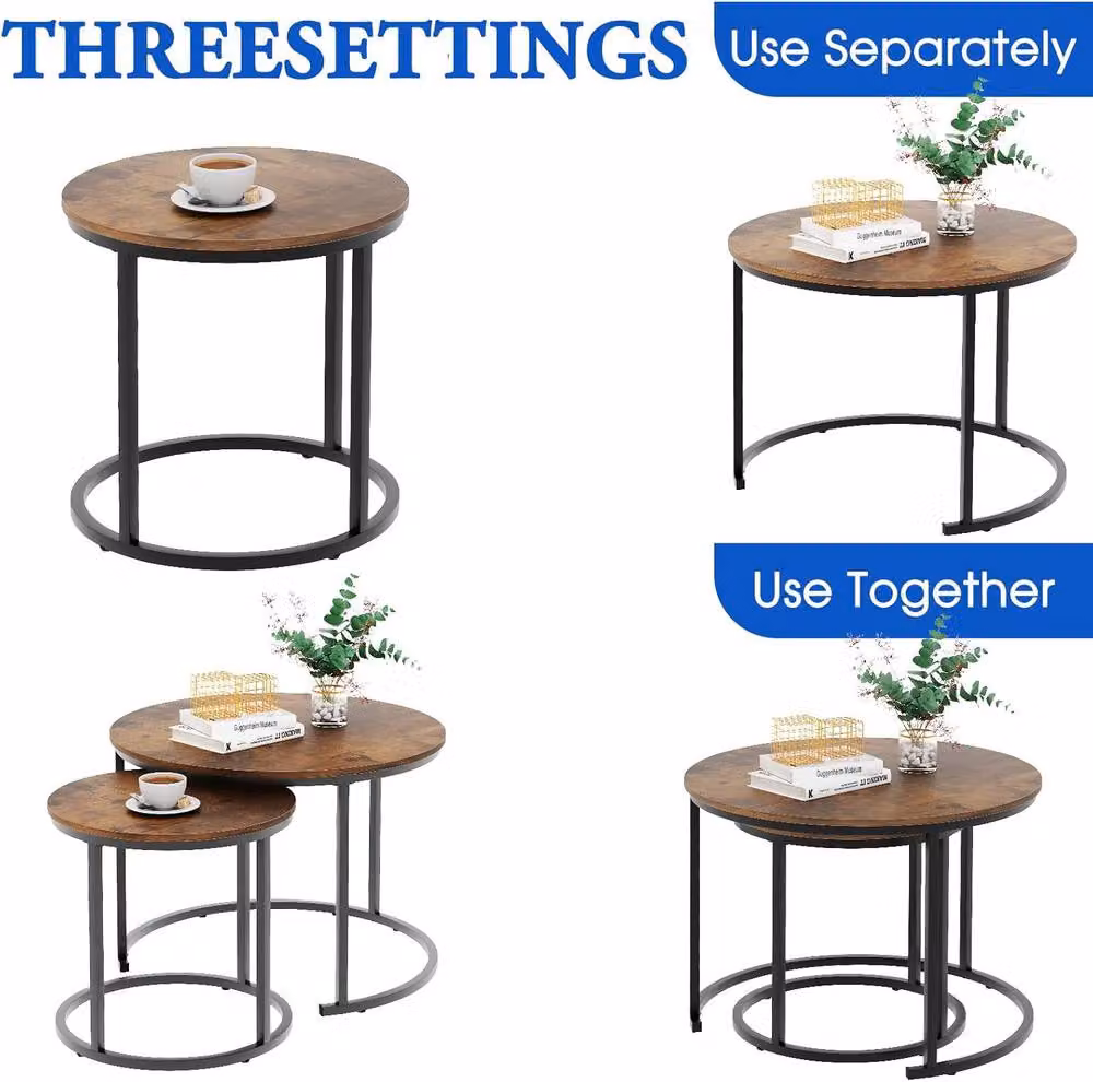 Huhote Set of 2 Round Nesting Side Tables with Brown Metal Frame – 7