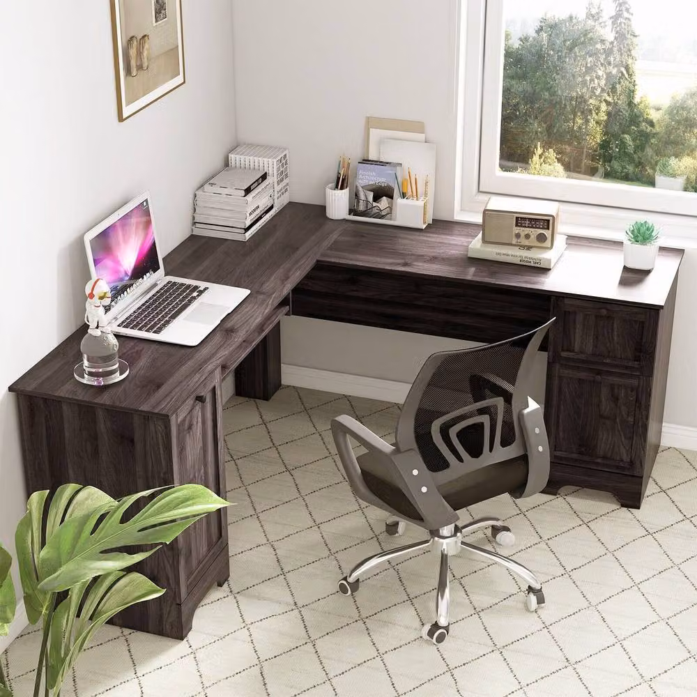 Costway L-Shaped Corner Computer Desk Study Workstation with Cabinet and Drawers in Dark Brown – 5