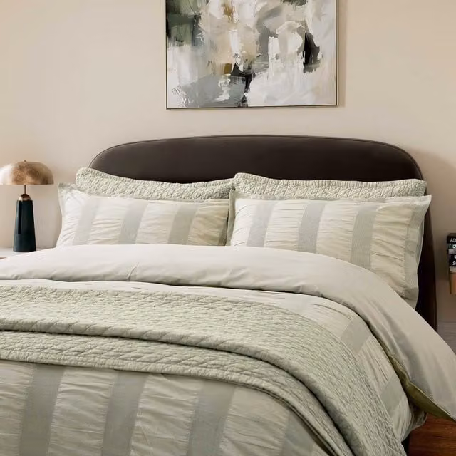 Bedeck of Belfast Woven Waffle Stripe Double Duvet Cover and Pillowcase Set in Green Cotton, W/D/H: 140 x 200 cm