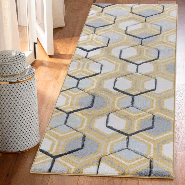 Desire Rugs Valencia Modern Hexagon Design Carved Area Rug Runner, Gold/Yellow, W: 60 cm, L: 220 cm