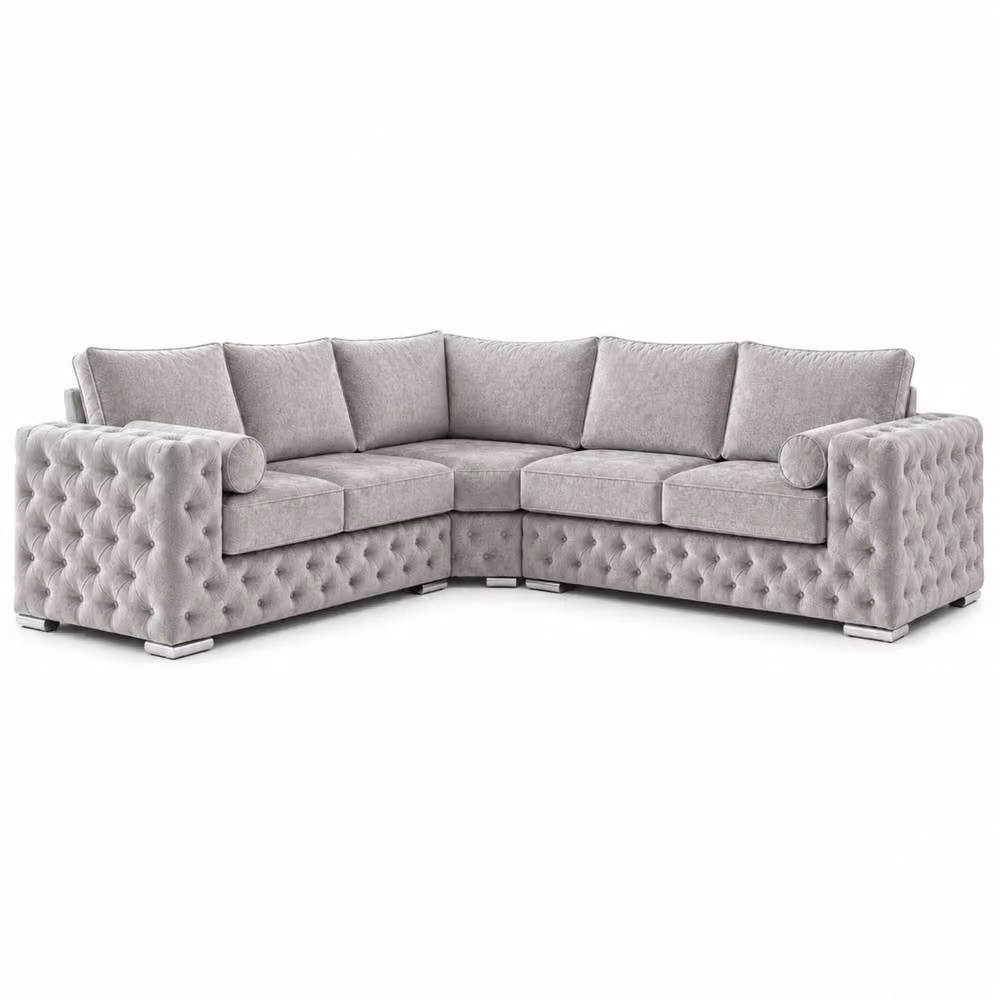 Stratus Interiors Ashley Chesterfield Full Back L-Shape Corner Sofa in Light Grey Plush Velvet Fabric – 2