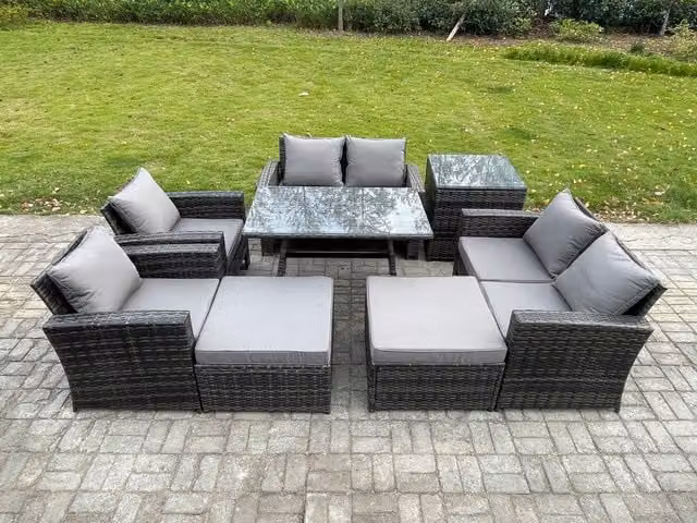 Fimous 8 Piece Wicker Rattan Garden Furniture Set with 2 Footstools in Dark Grey