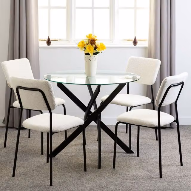 Seconique Sheldon Modern Round Glass Top Dining Set with X-Frame Chairs in White