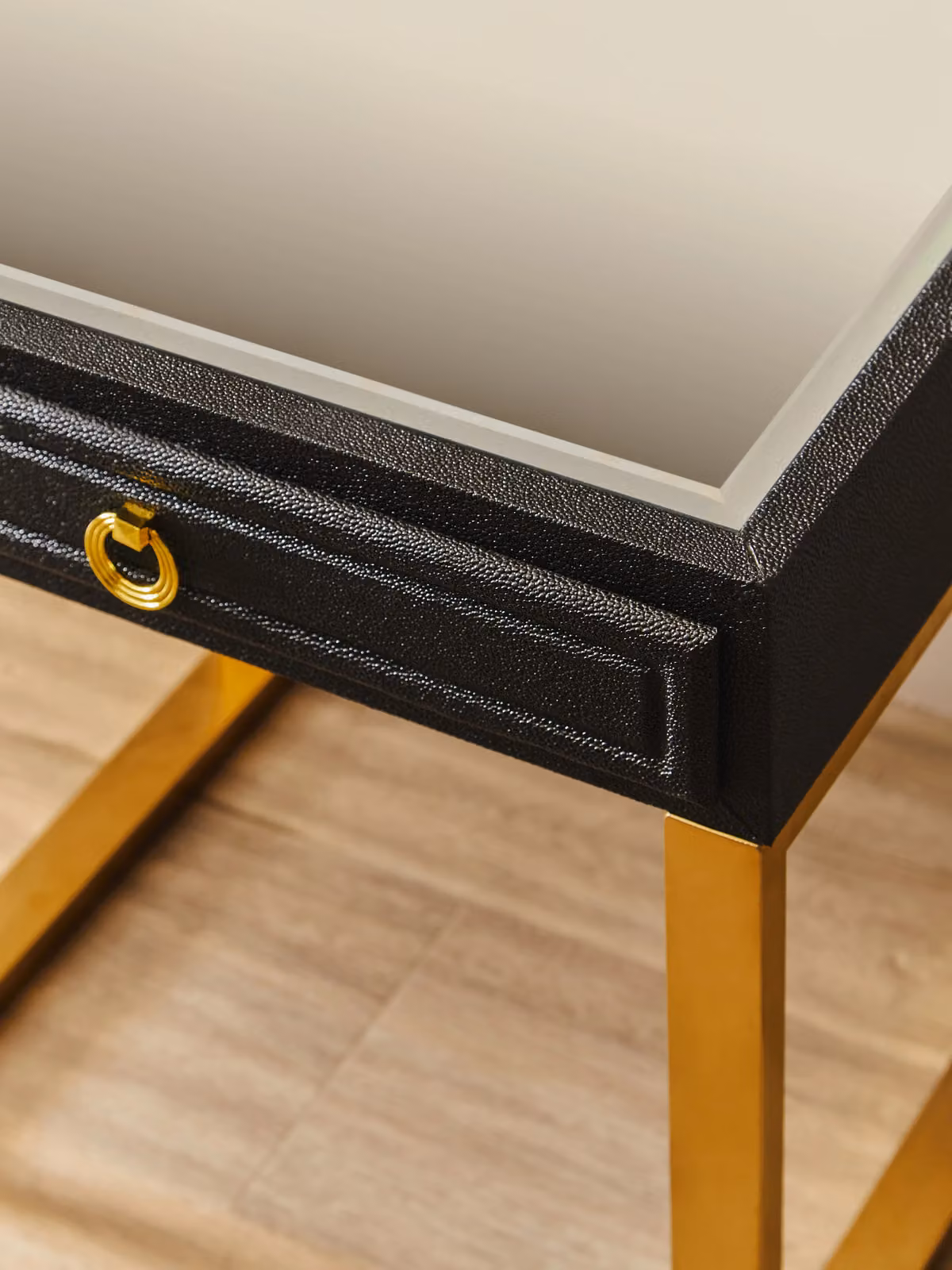Fifty Five South Orsina 1-Drawer Faux Shagreen Side Table in Black with Gold Legs – 3