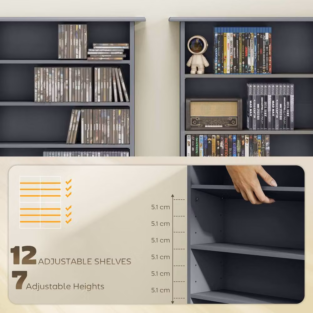 STILVORA Grey CD Storage Tower with 12 Adjustable Shelves – 5