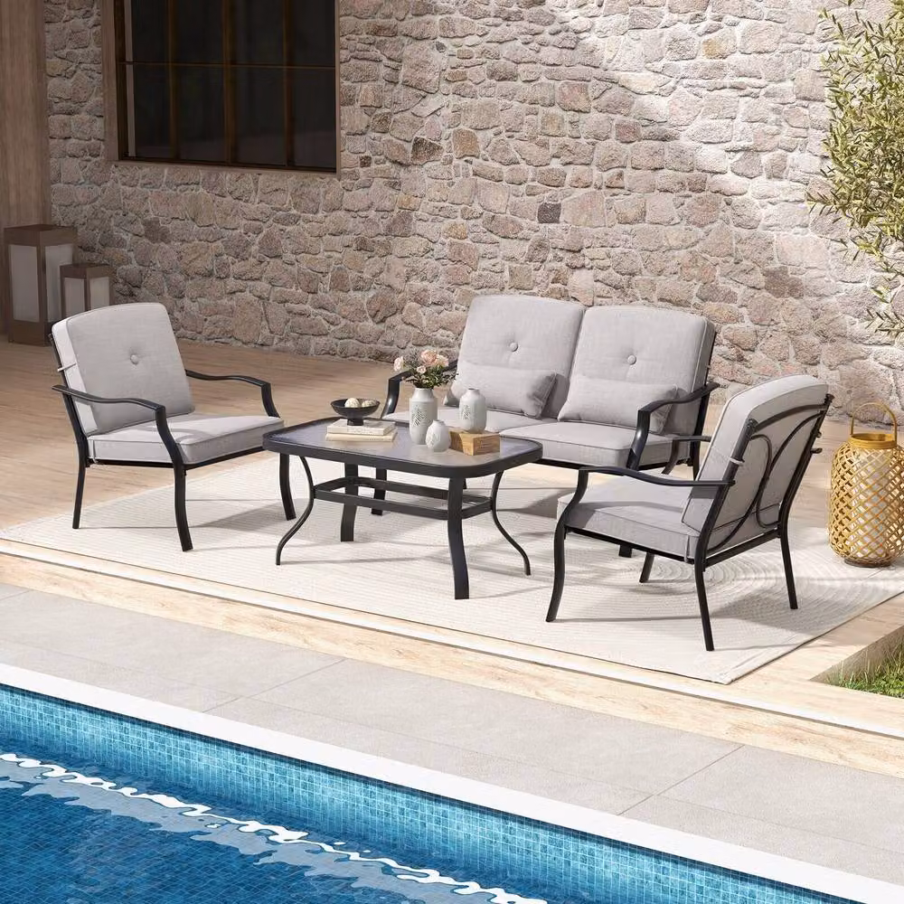 Costway 4 Piece Grey Outdoor Patio Conversation Set with Upholstered Cushions and Metal Frame – 4