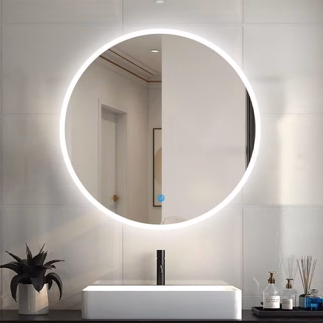 AicaBathroom Dimmable Round LED Bathroom Mirror with Touch Control, White, Diameter: 60 cm