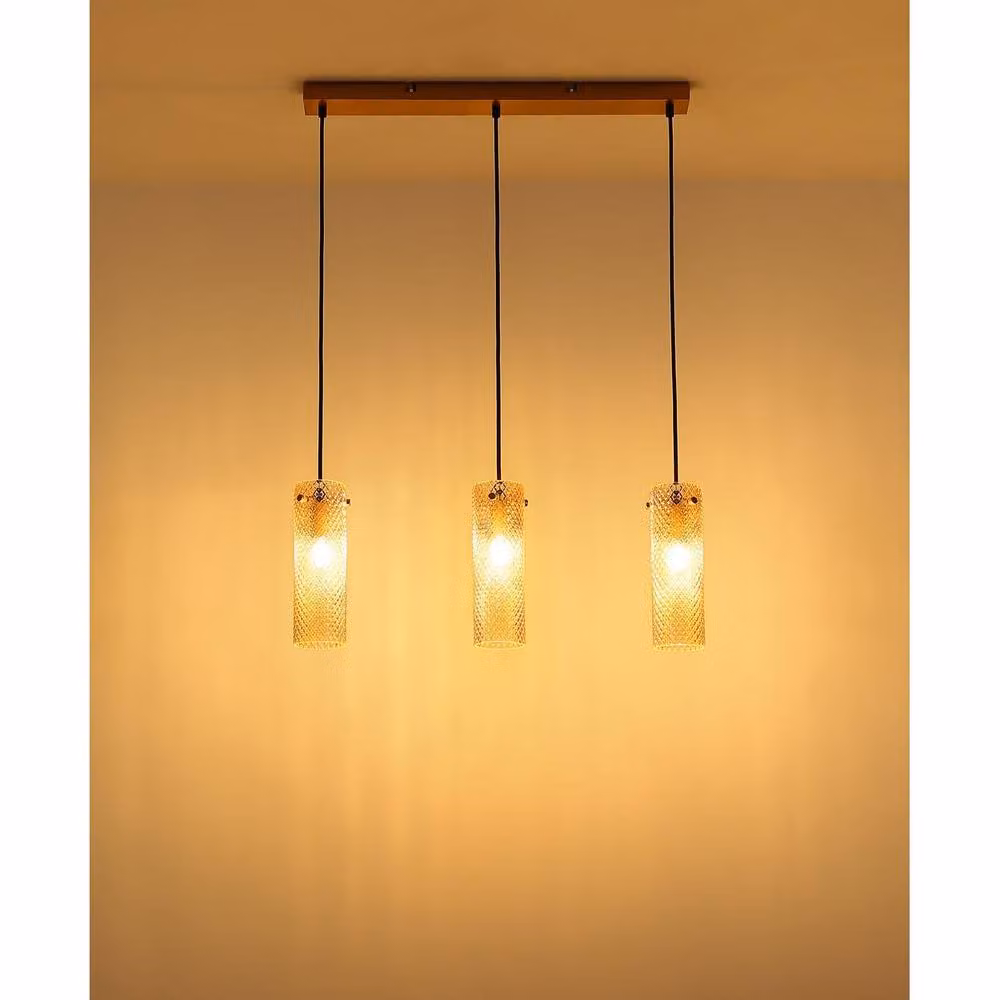 Netlighting Karolo Bar Pendant Ceiling Light with Gold and Amber Glass Shades, 3x E14 – 3