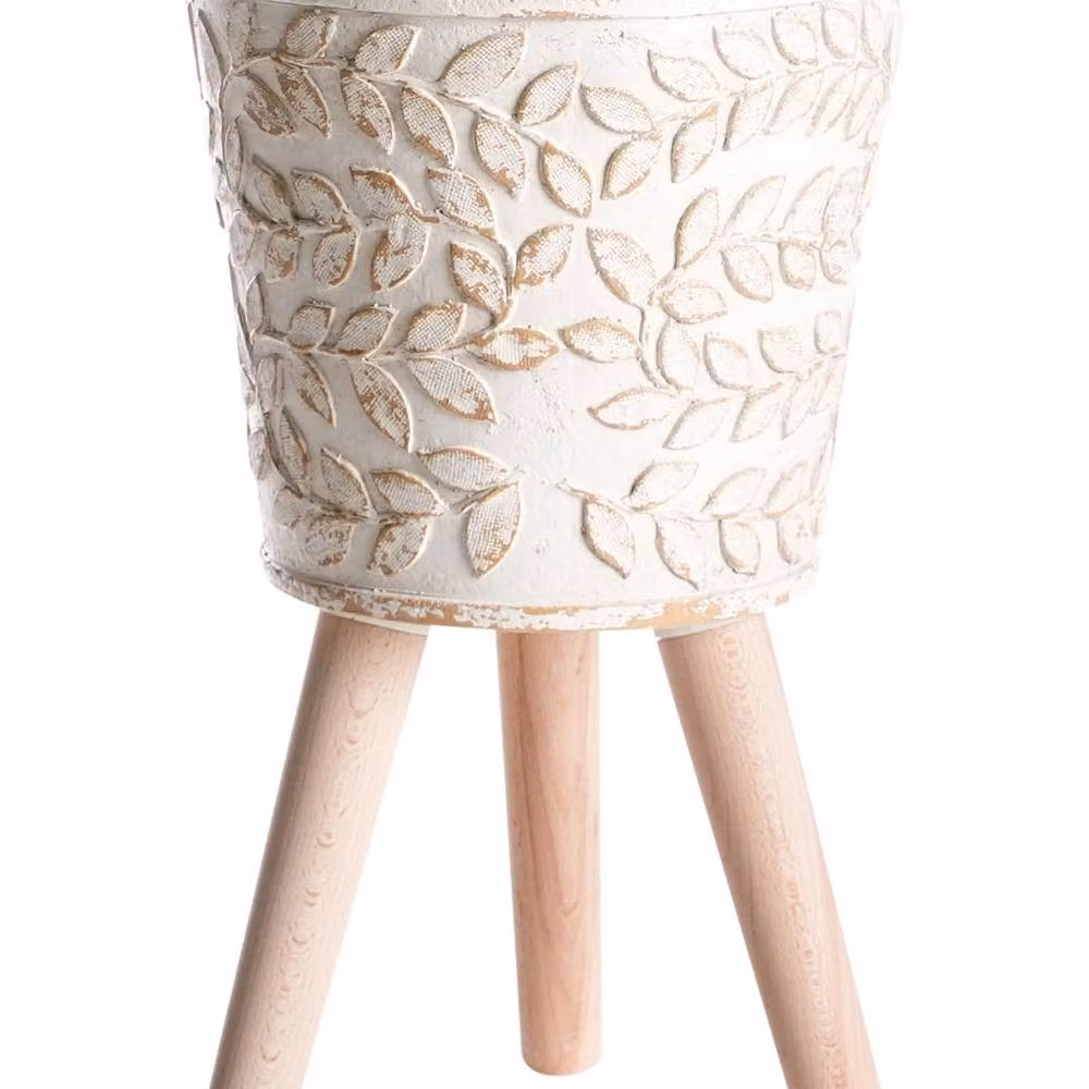Wyld and Coco Arden Vintage Off-White Ceramic Plant Pot with Beechwood Legs in White – 2