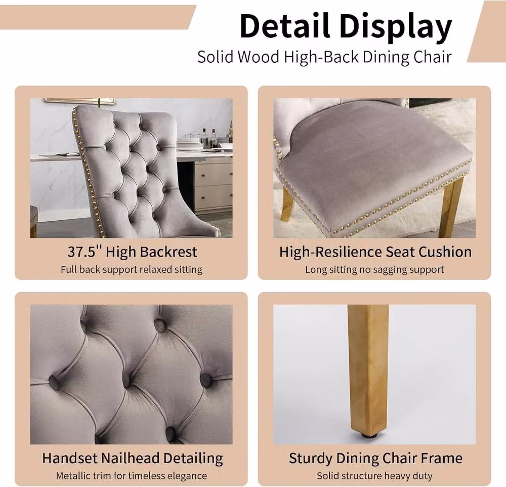 HomeTouch Set of 4 Grey Velvet Dining Chairs with Gold Metal Legs – 3