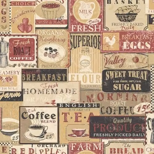 Galerie Memories 2 G56172 Old Breakfast Adverts Vintage Typography Wallpaper in Red, Beige and Multicolour