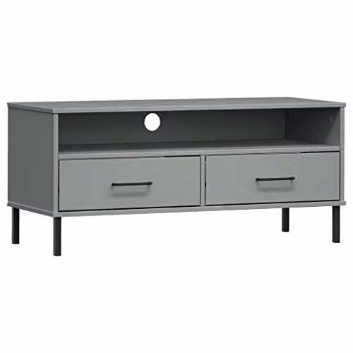 vidaXL OSLO TV Cabinet in Grey Solid Pine Wood with Metal Legs, W: 106.0 cm, H: 46.5 cm, D: 40.0 cm – 1