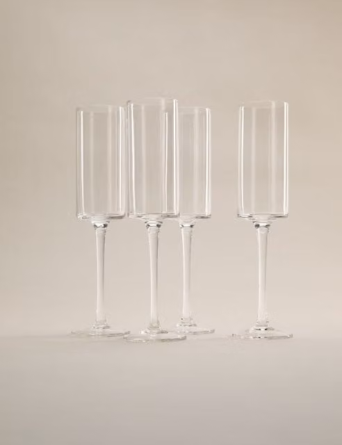 M&S Set of 4 Transparent Straight Sided Glass Champagne Flutes