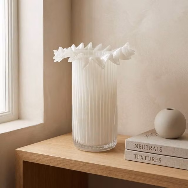 Garden Greatness Maison Froufrou Ruffle Glass Vase in White, H 26.0 cm x W 17.6 cm x D 17.6 cm