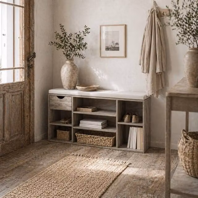 Wyld Haus Neba Grey Wooden Shoe Storage Bench with Fabric Cushioned Seat W/D/H: 101 x 47.5 x 29 cm
