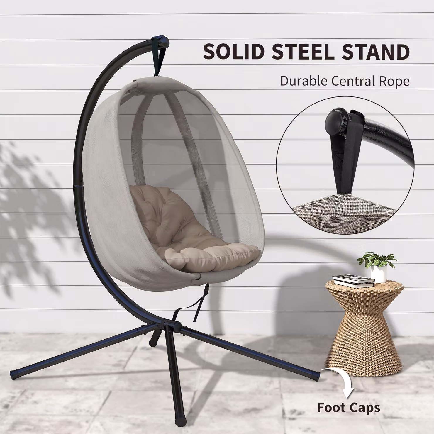 Outsunny Folding Hanging Egg Chair with Stand and Cushions, Beige – 5