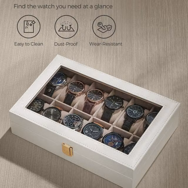 SONGMICS 12-Slot Watch Box Case with Glass Lid, White, W/D/H: 30 x 30 x 7.5 cm