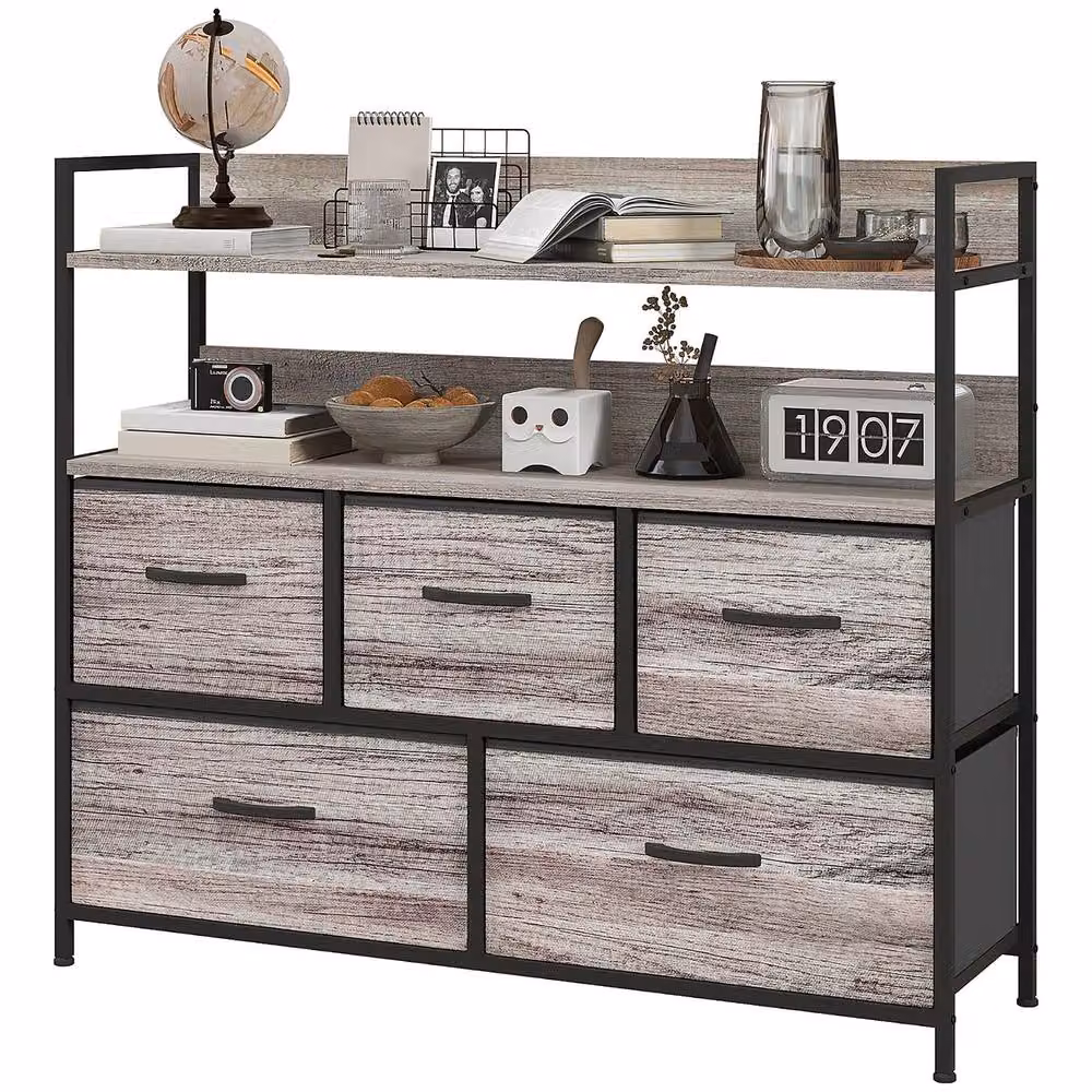 FURNOS Industrial 5 Drawer Chest Storage Unit with Shelves in Grey and Black Metal – 6