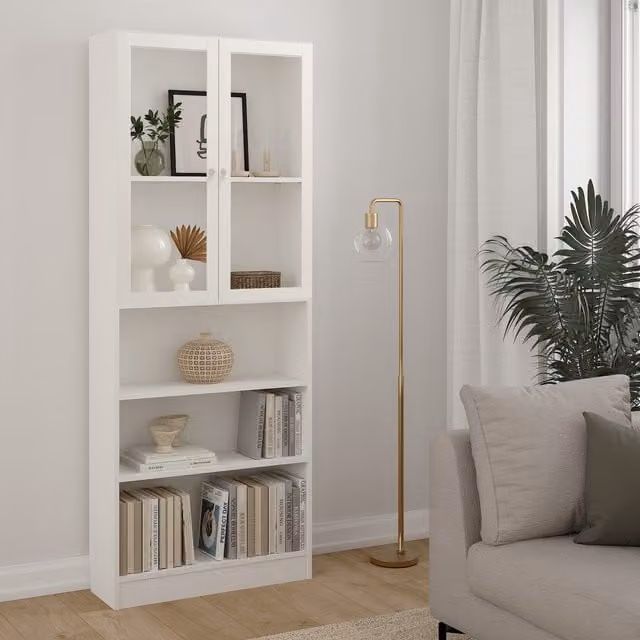 Furniture To Go Tall Wide Display Cabinet with 4 Internal Shelves and 2 Glass Doors in White Oak Finish