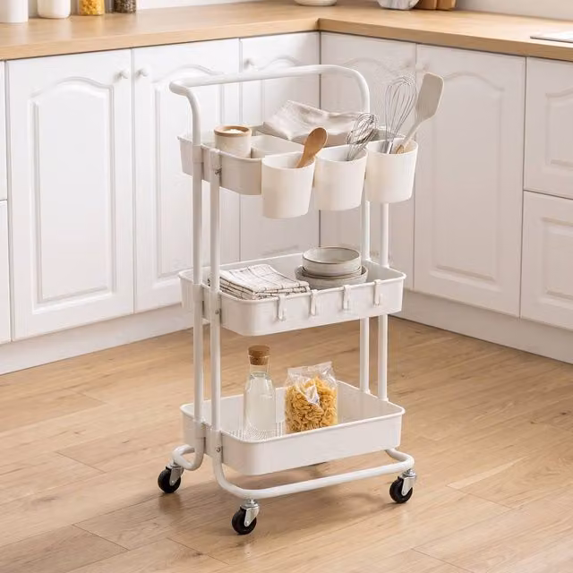 STILVORA Three Tier Storage Trolley with Baskets and Wheels in White – 1